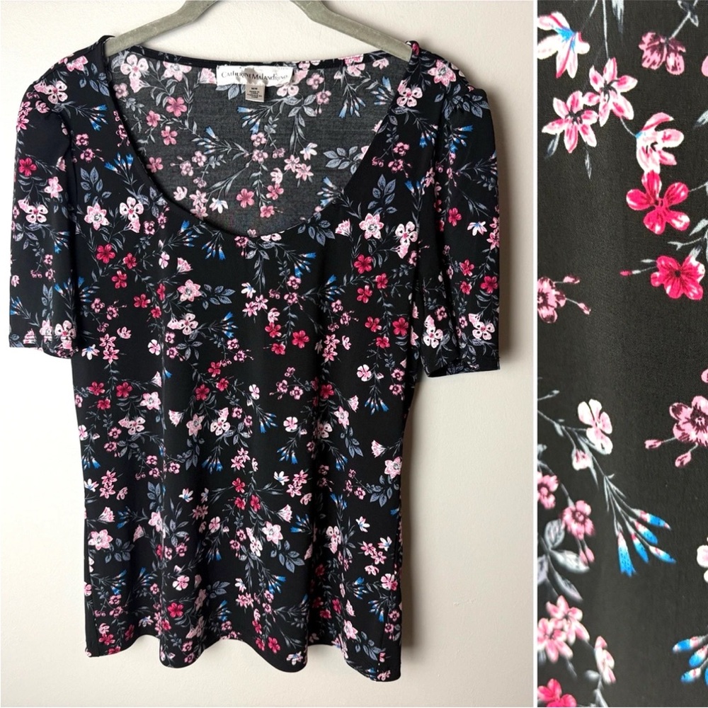 Catherine Malandrino Blouse Size Medium Top Short Sleeves Floral Stretch Black